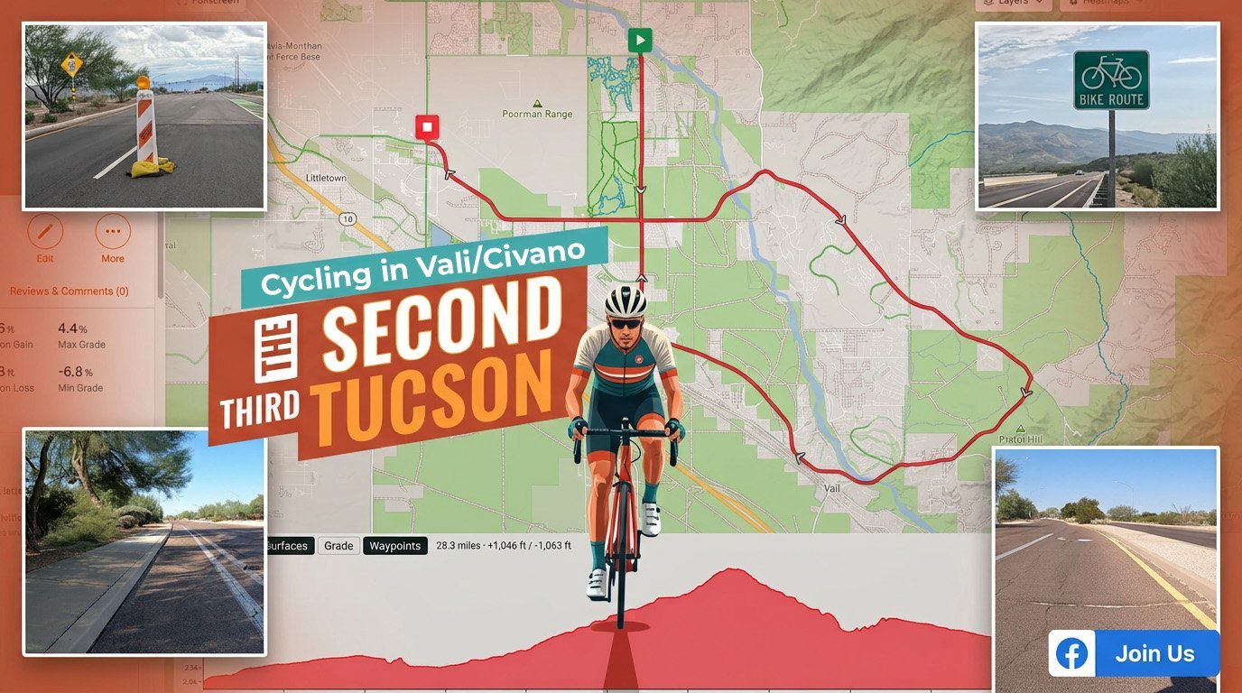 The Second Third of Tucson — desert roads, bike-route signs, and the mapped course through Vail and Civano